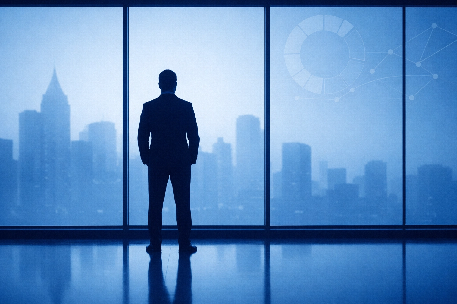 Accountancy practice broker Peter Watson overlooking a city skyline after a successful practice sale.