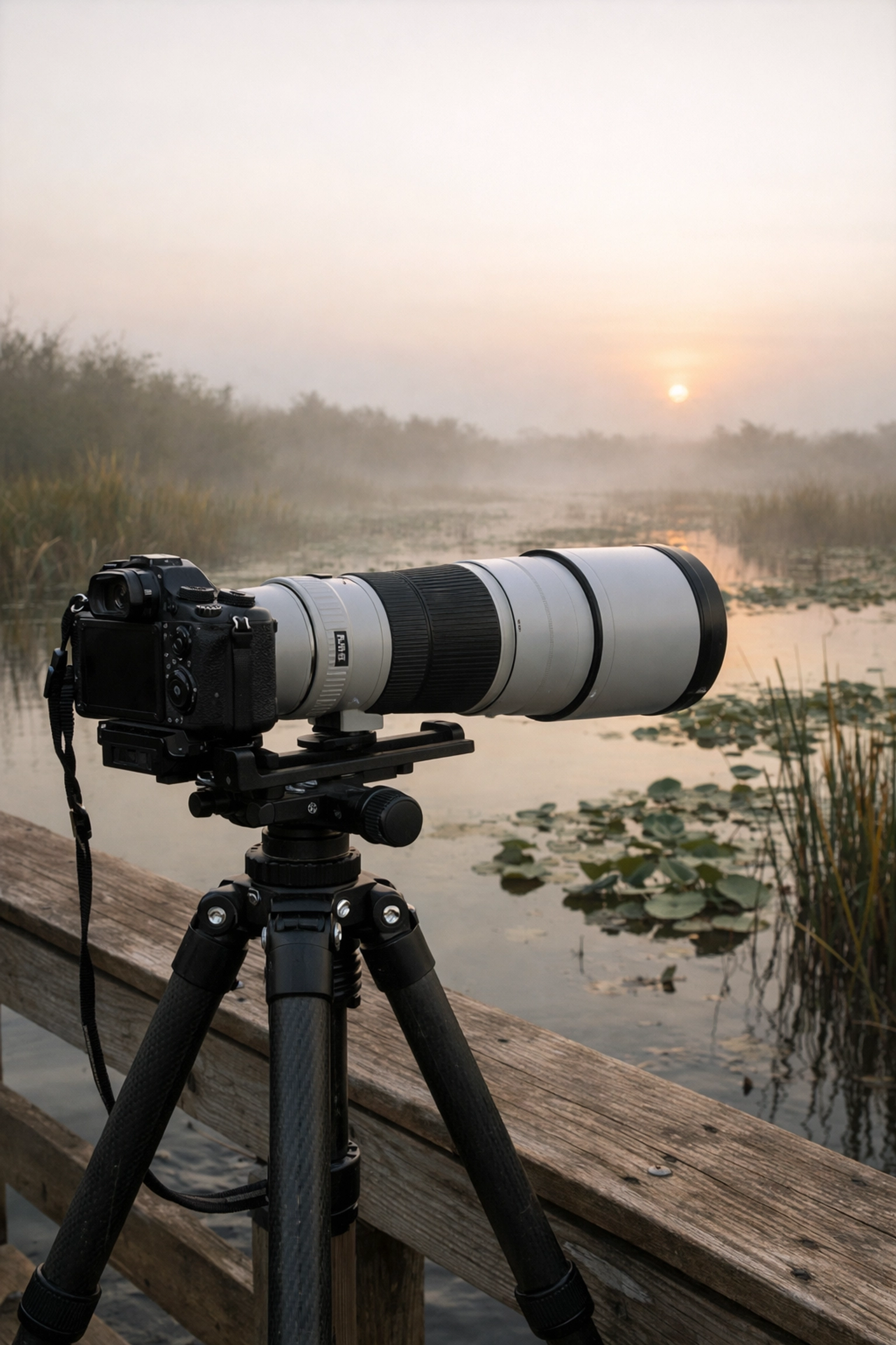 Professional camera and telephoto lens on a tripod at Anhinga Trail during a misty Everglades sunrise.