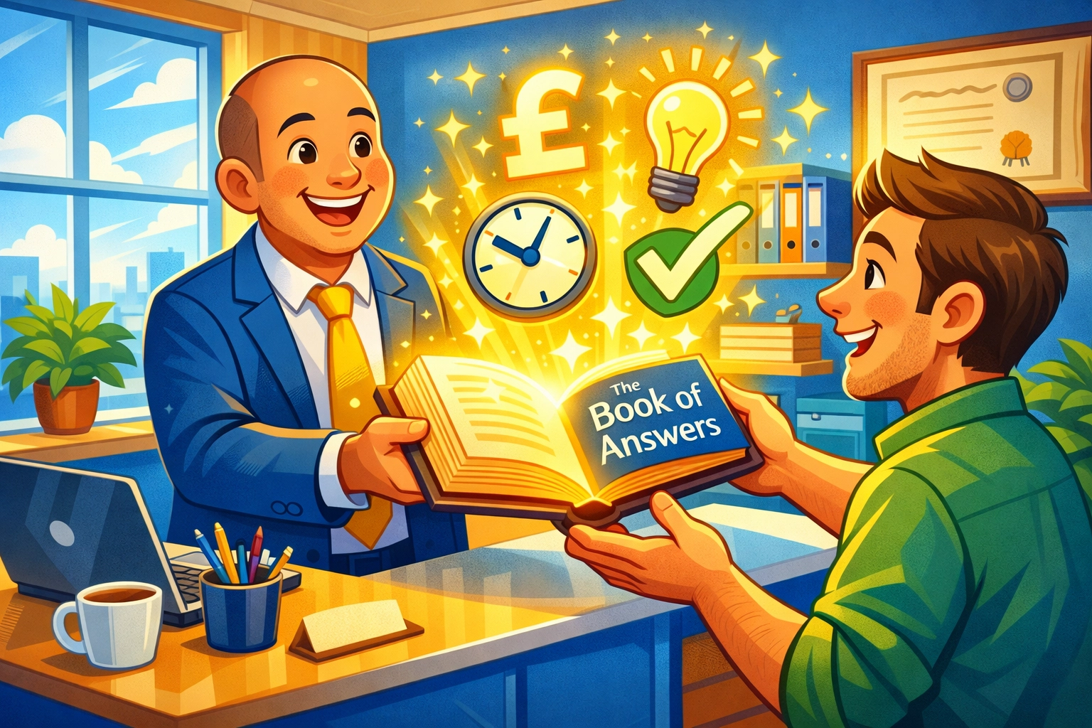 Cartoon of a business owner building trust by sharing transparent pricing and service answers with a customer.