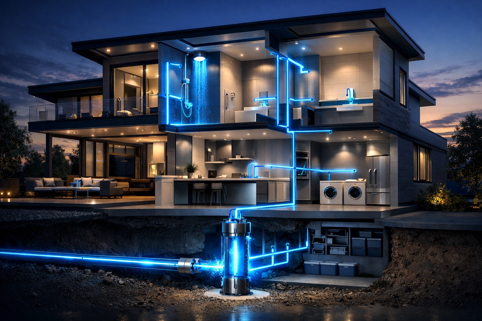 A whole-home water filtration system delivering clean, purified water throughout a residential house.