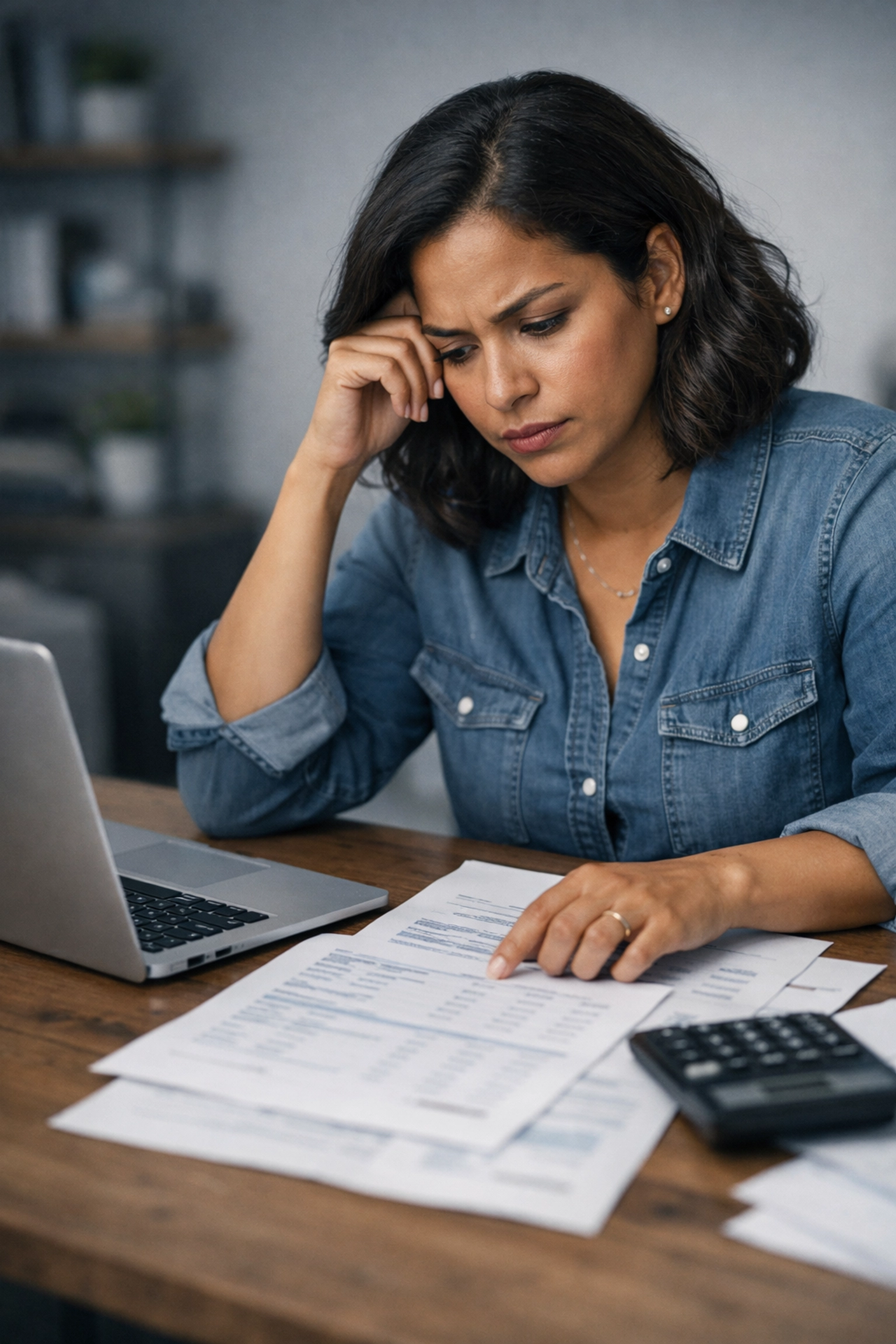 Business owner reviewing financial documents concerned about bookkeeping errors and costs