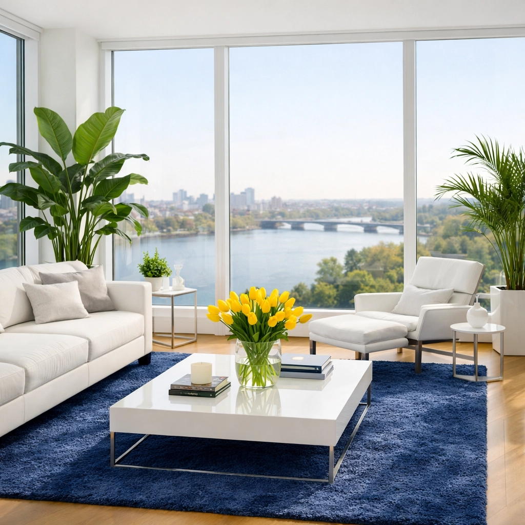 Eco-friendly maid service Cambridge cleaning a bright, sun-drenched modern apartment near the Charles River.