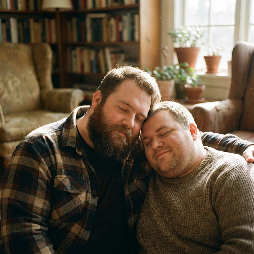 Two fat gay men in a tender embrace, representing authentic body positivity and heartfelt MM romance.