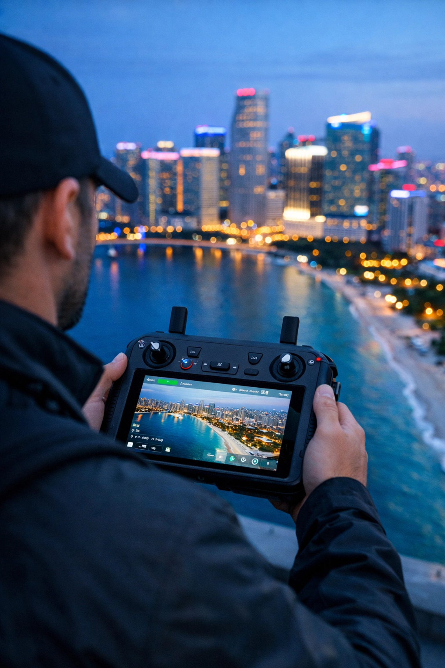 Drone pilot capturing the Miami skyline at blue hour, an iconic photo spot for professional videography.