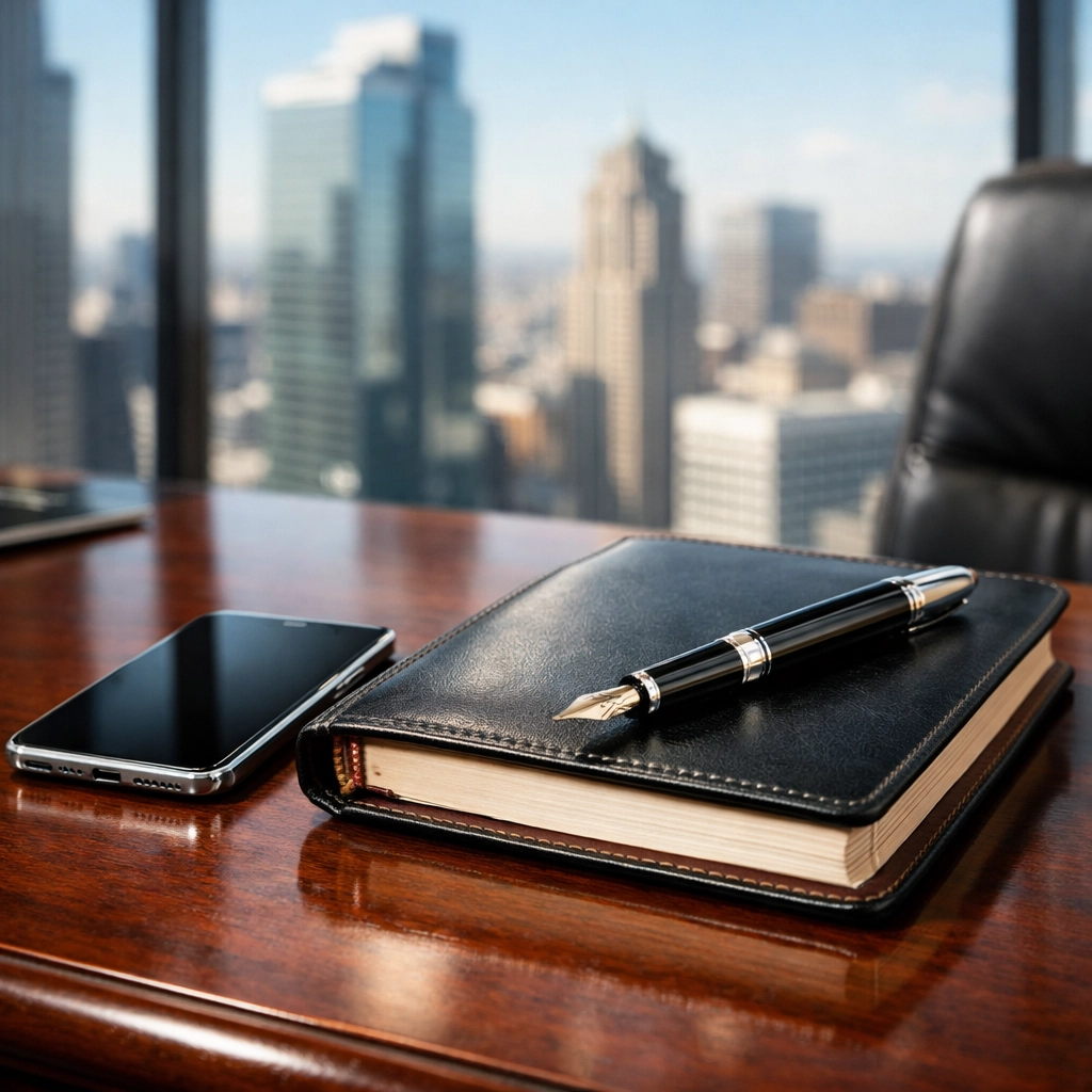 Close-up of an executive desk symbolizing professional follow-up and strategic business relationship management.