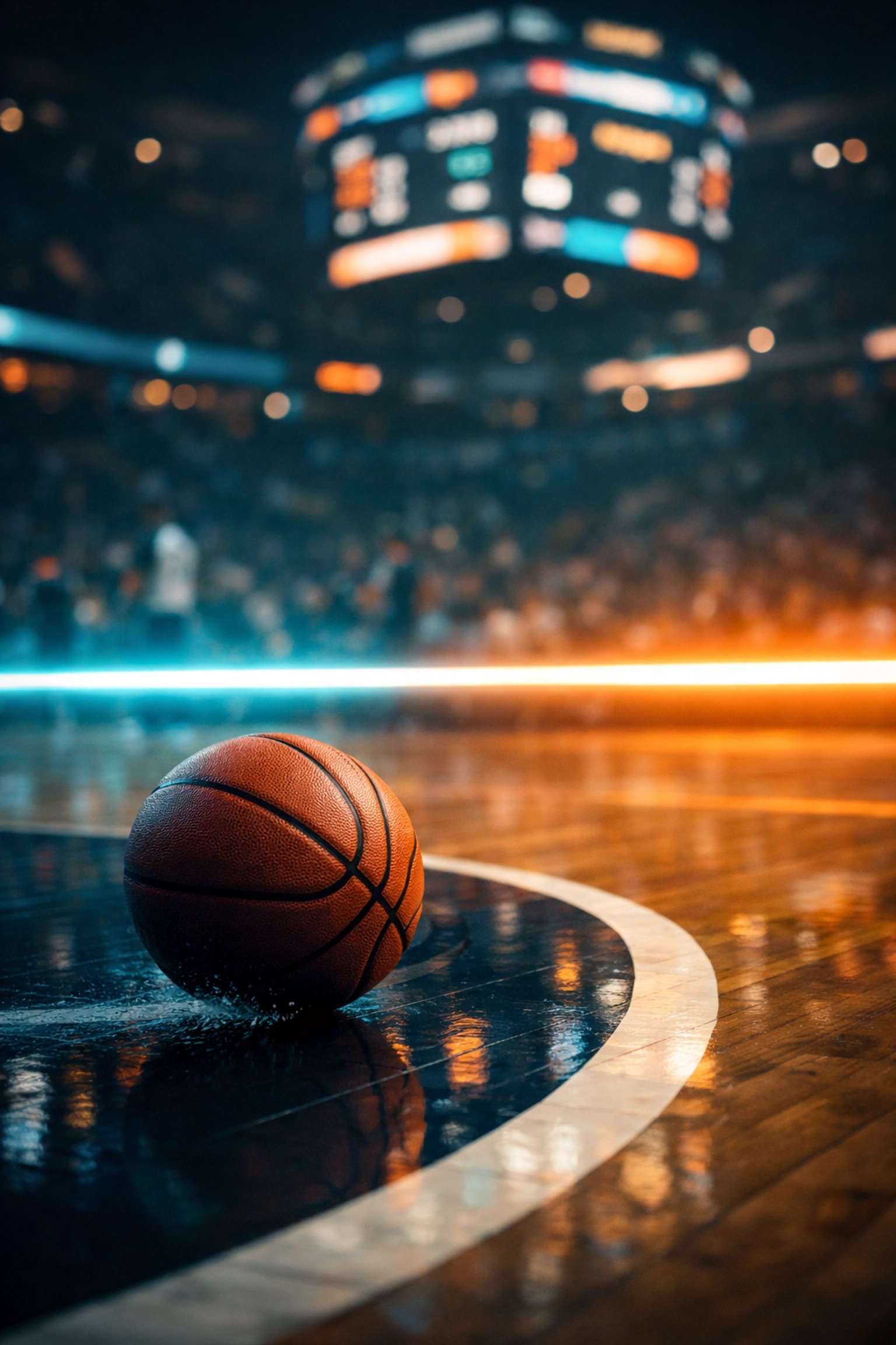 NBA basketball near a glowing court total line illustrating over/under betting trends.