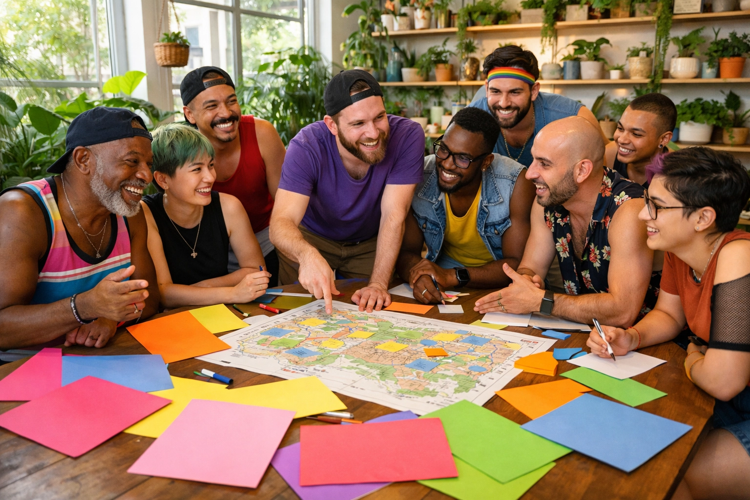LGBTQ+ activists collaborating on a community project, fostering queer community and grassroots organizing.