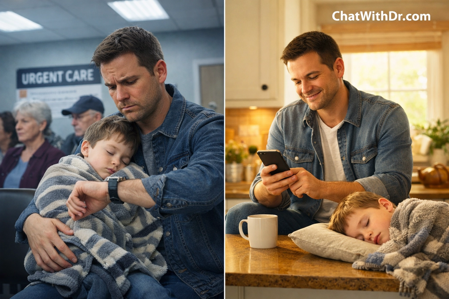 Urgent care waiting room vs parent using online medical chat at home comparison