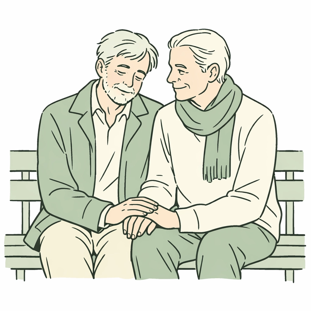 Illustration of an older gay couple holding hands, representing the courage of coming out later in life.