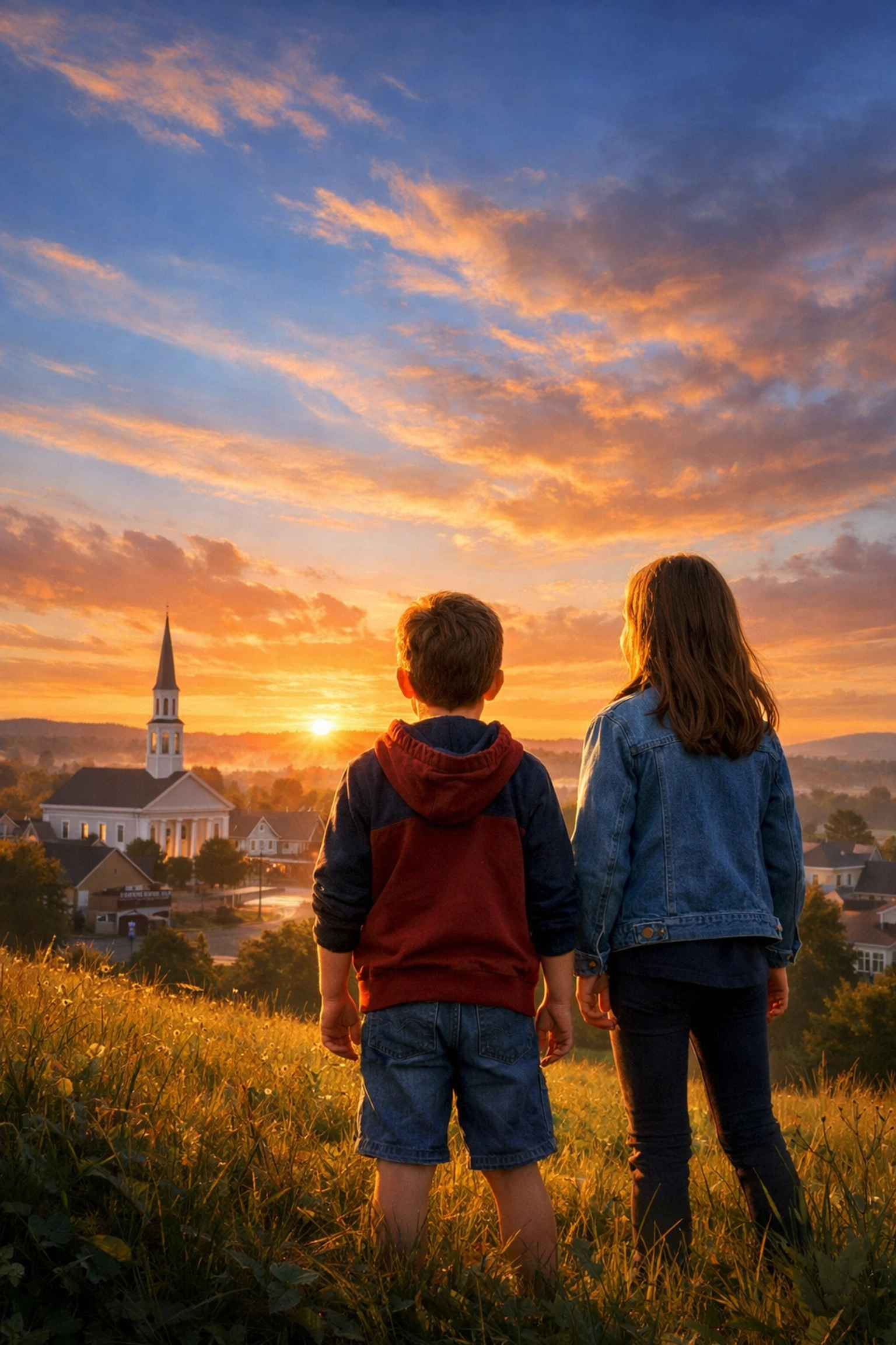 Young children looking at an American landscape at sunrise, symbolizing the future of civic education.