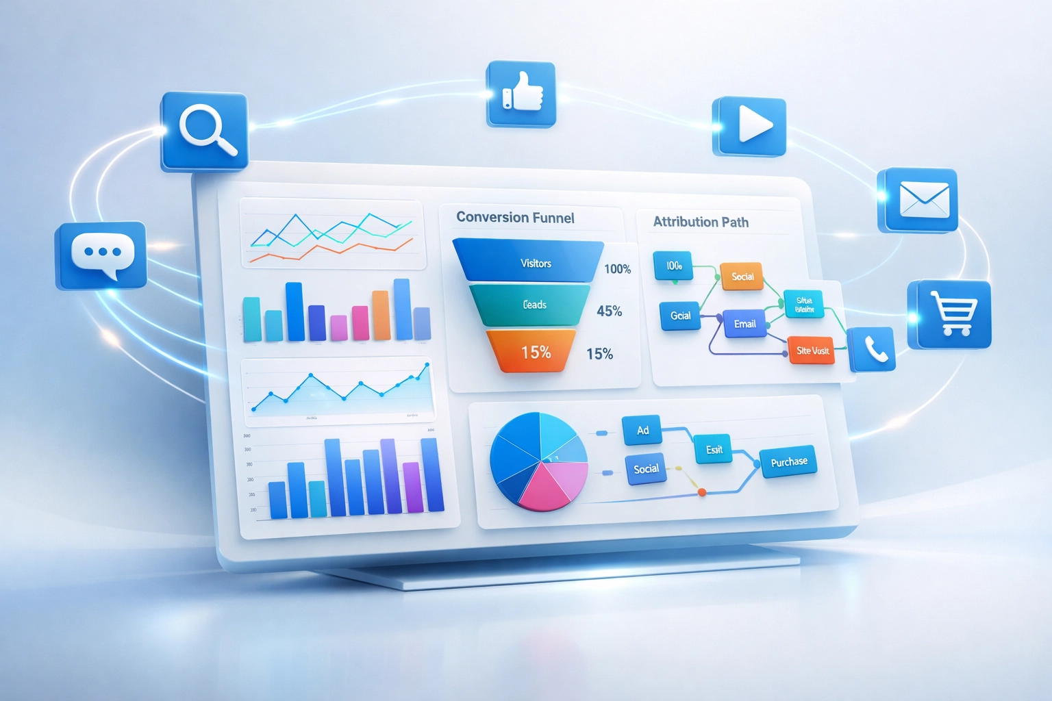 Attribution dashboard showing marketing channels and patient conversion pathways for rehab facilities