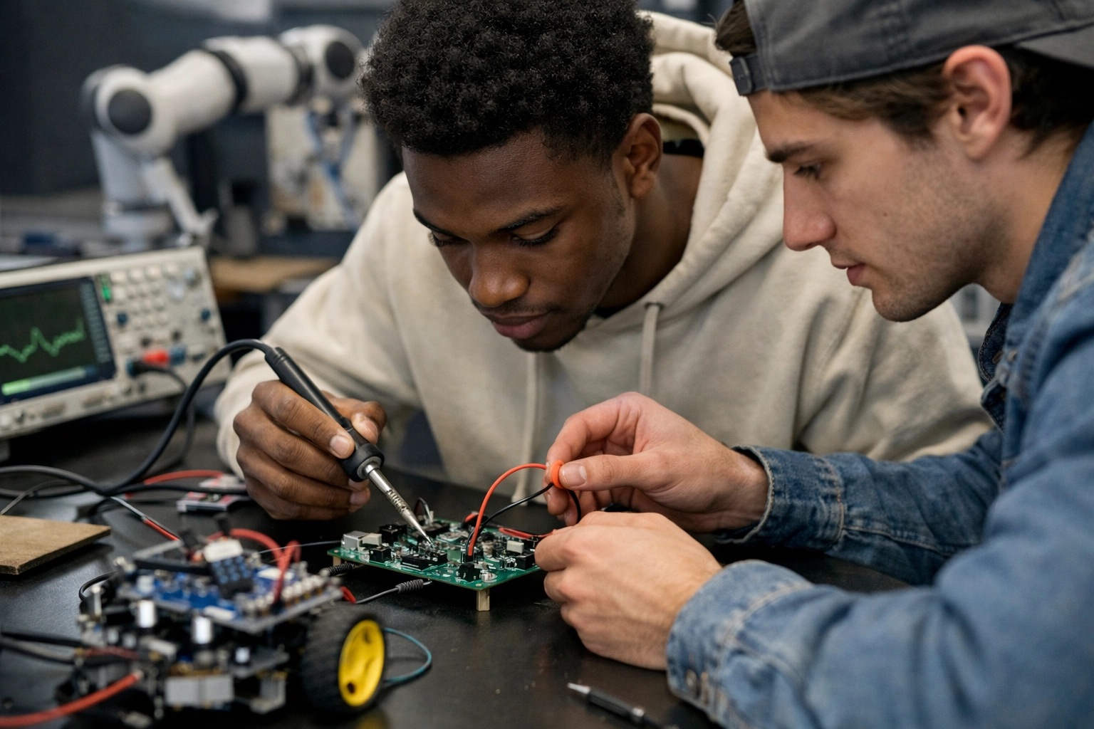 Estudante cabo-verdiano em laboratório tecnológico moderno em Portugal, a trabalhar com equipamentos e colegas, destacando a componente prática e a empregabilidade (cursos profissionais).