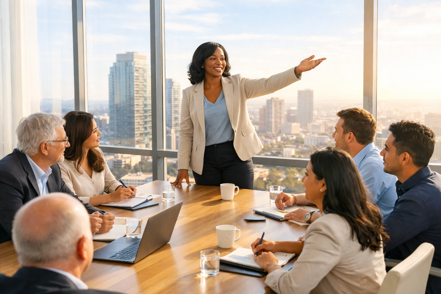 Diverse team leader sharing hopeful vision with engaged employees in modern office setting