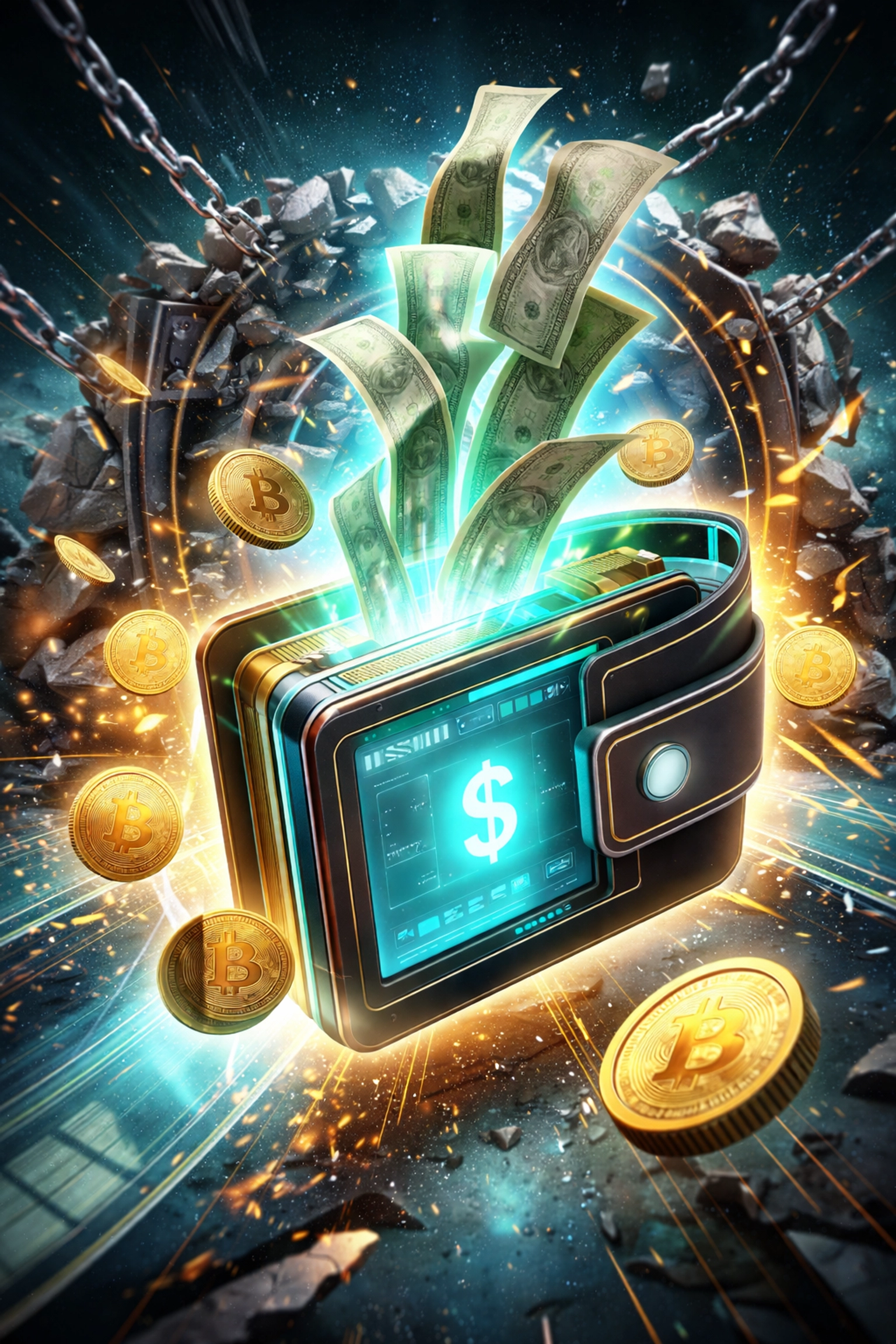 Digital wallet symbolizing self-custody merchant accounts, with cryptocurrency and cash representing reduced payment processing fees and financial freedom.