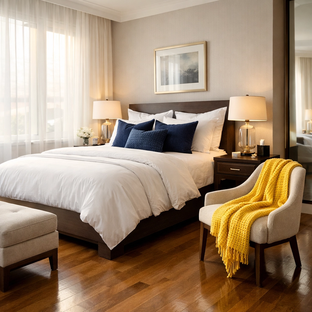 A serene master bedroom after professional bi-weekly house cleaning from MetroWest cleaning services.