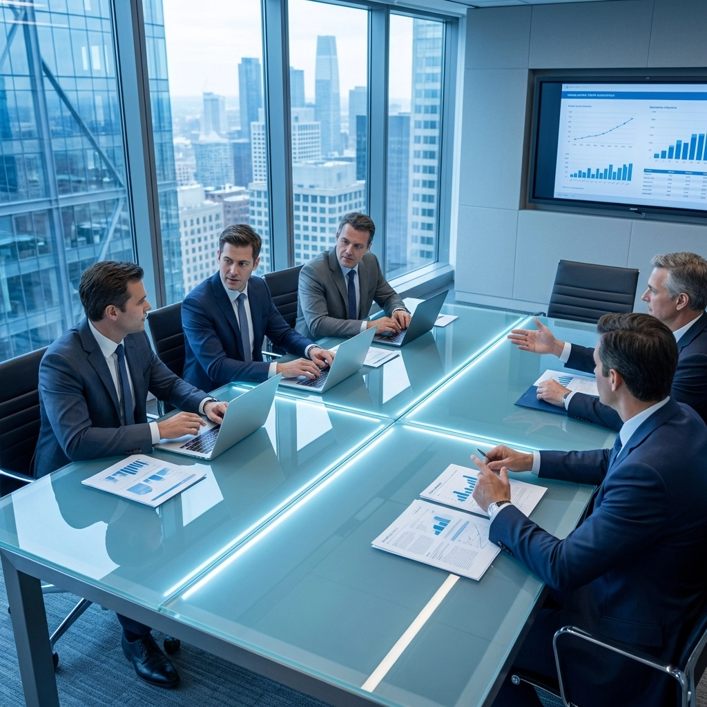 Corporate executives meeting in a boardroom, illustrating four-phase SAP S/4HANA migration strategy
