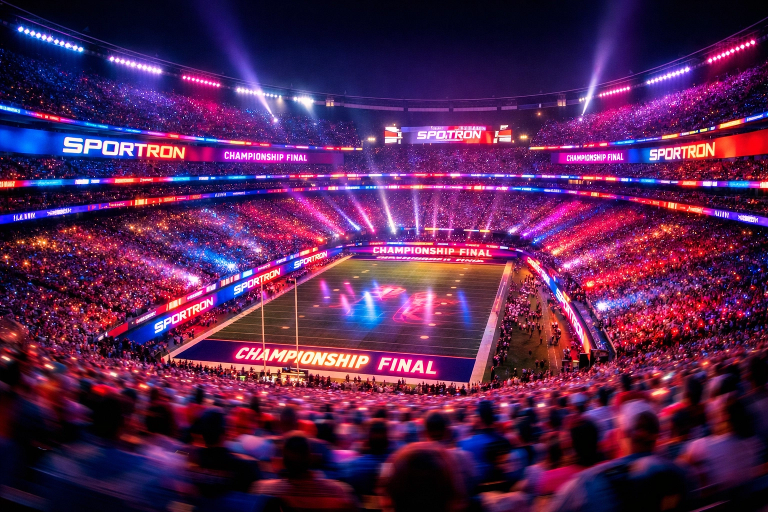Immersive stadium advertising including digital displays and light shows during a night game.