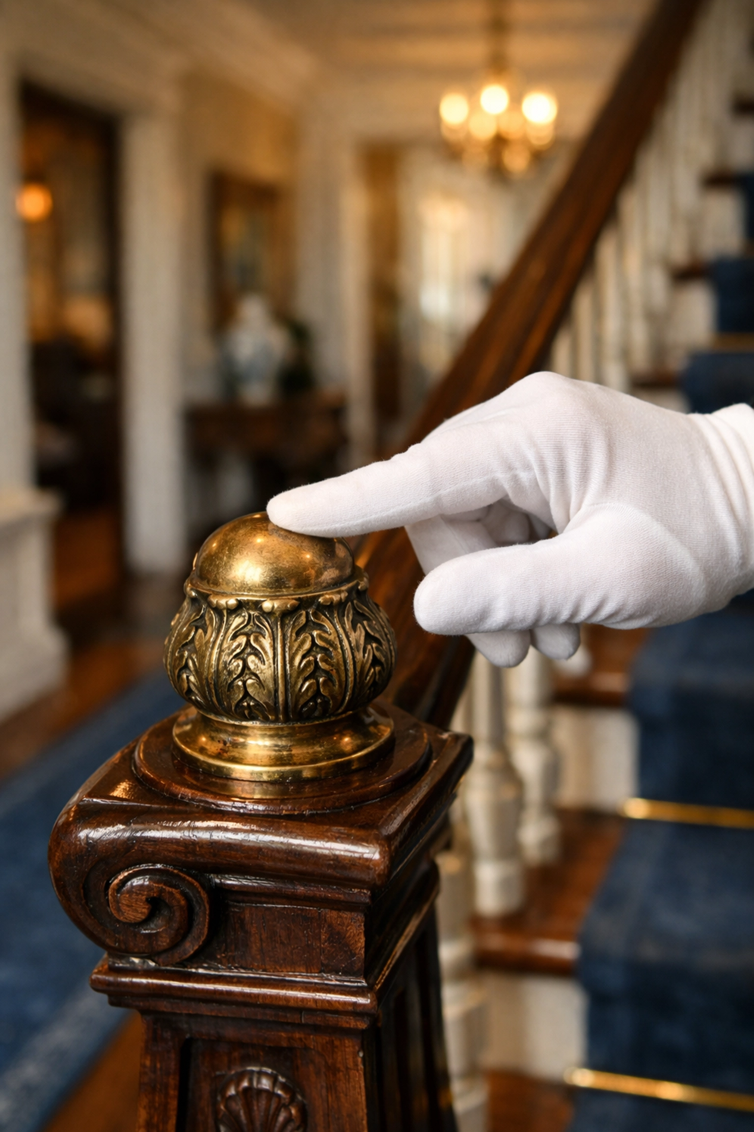 White-glove inspection on a Lexington home banister showing precision house cleaning services near me.