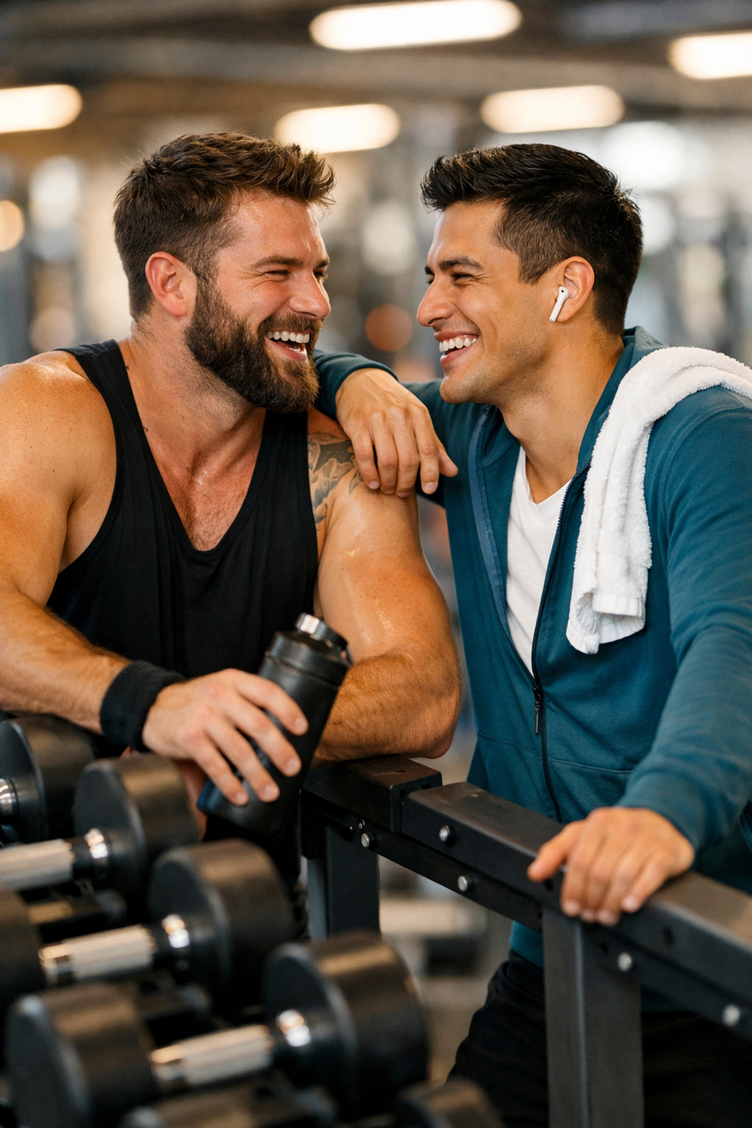 A jock and a nerd flirt at a gym water station, showcasing a popular theme in 2026 gay romance books.