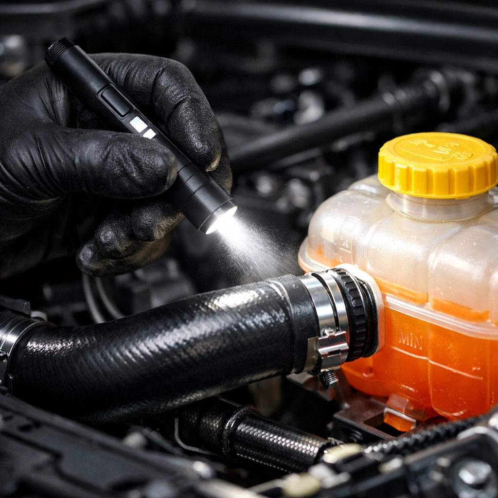 Auto mechanic inspecting a vehicle cooling system and radiator hose during a preventative health check.