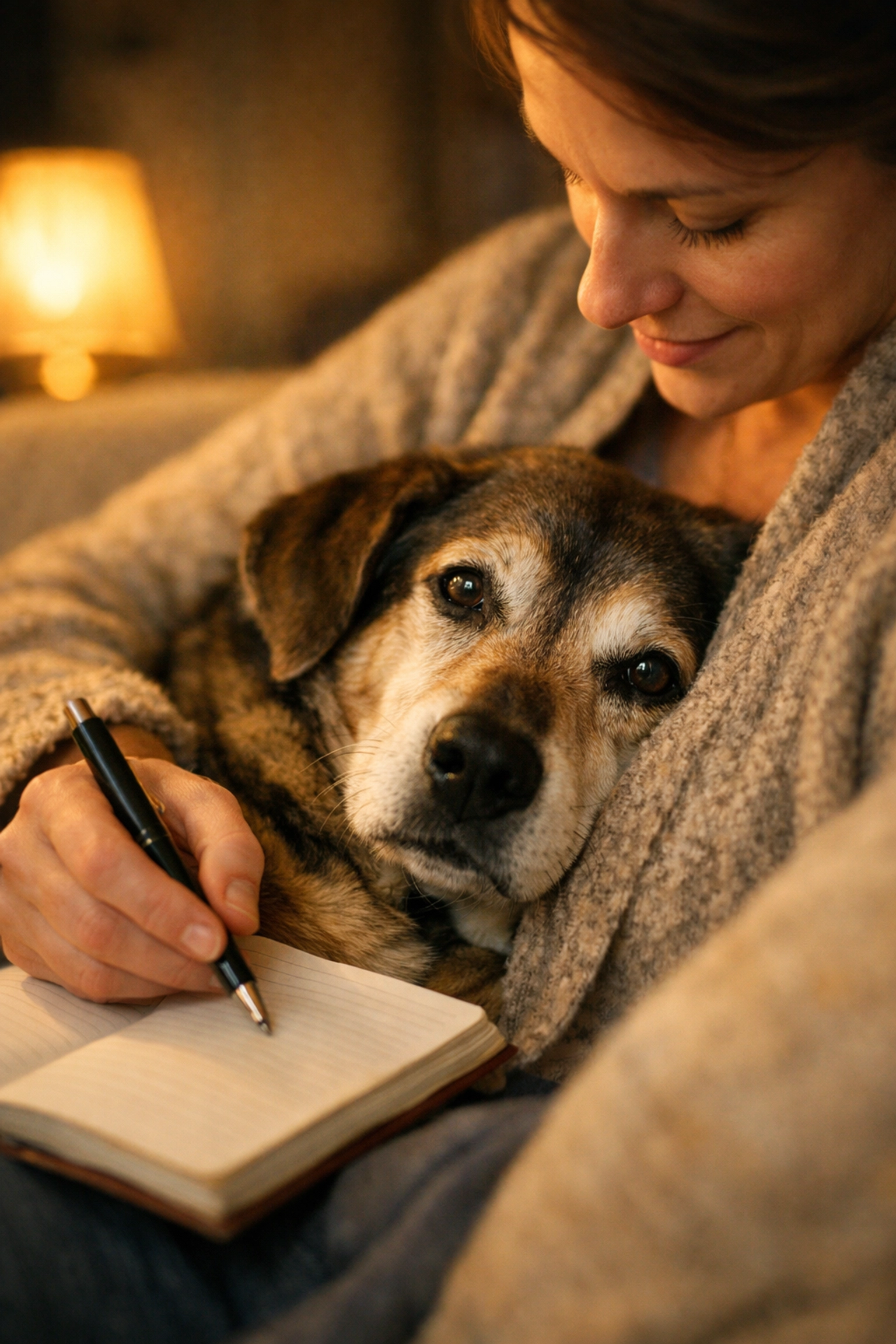 Caregiver tracking symptoms in a dog cancer journal while comforting their dog during lymphoma treatment.