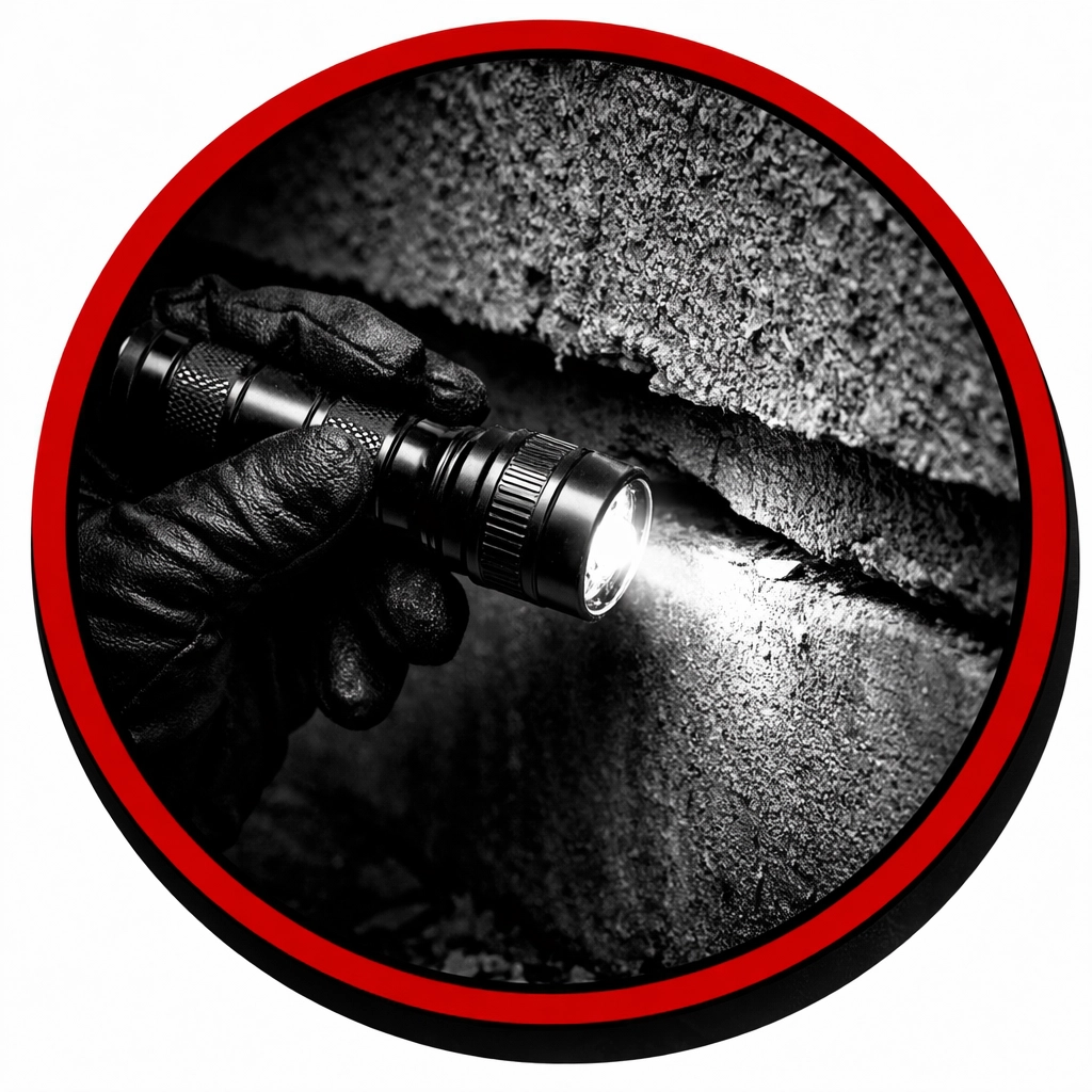 Expert pest control technician inspecting a home exterior for pest entry points.