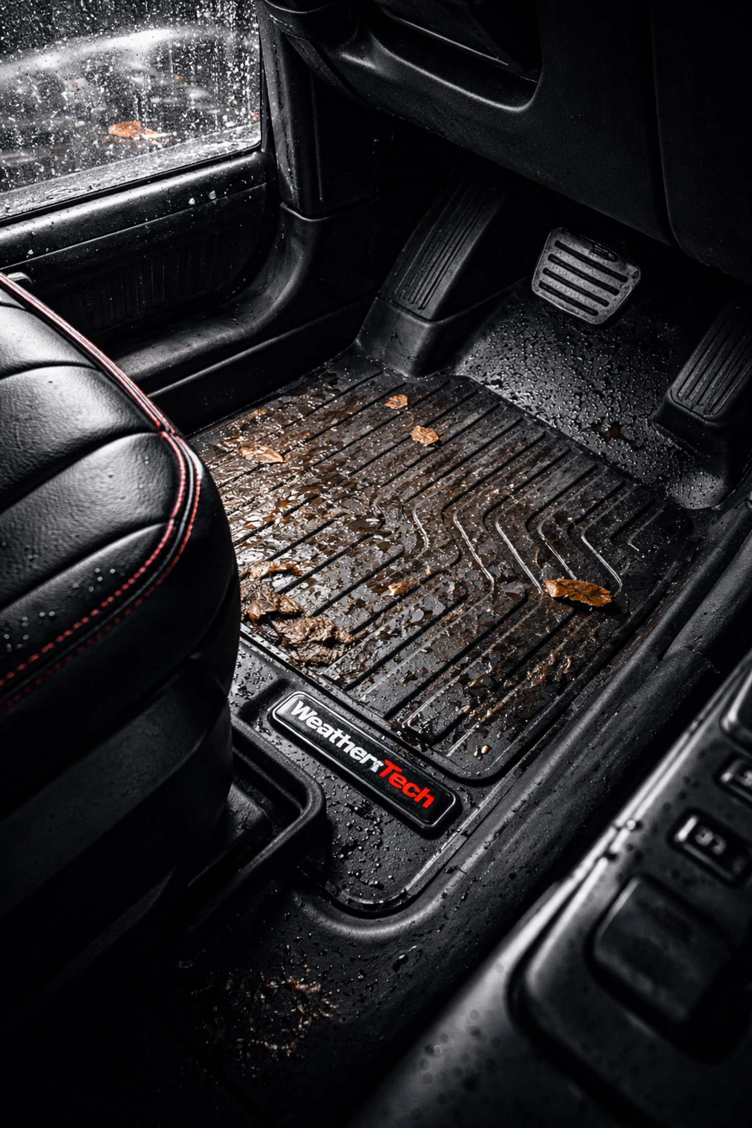 Close-up of WeatherTech floor liners in a truck, protecting against mud and water for Pittsburgh driving