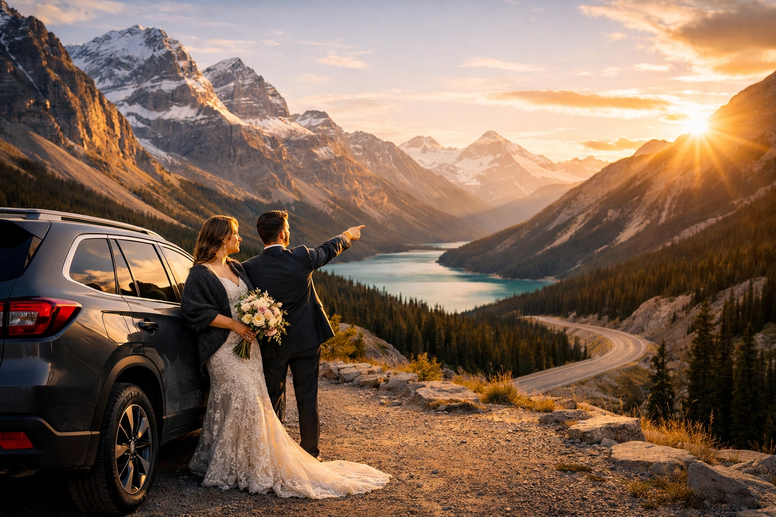 Newlyweds on the Icefields Parkway overlooking the Canadian Rockies during a scenic Banff elopement trip.