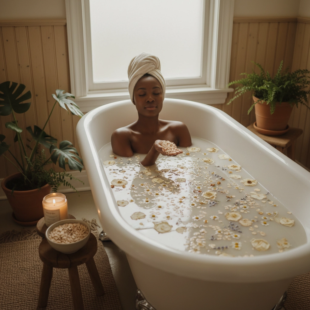 African American woman enjoying a milk or oatmeal soak, surrounded by neutral, earthy tones and gentle lighting