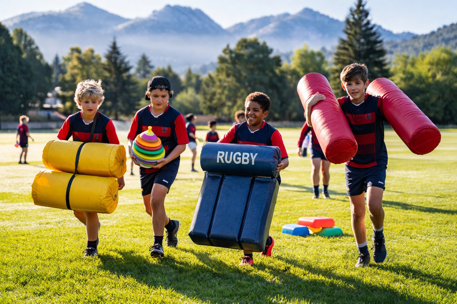 Young rugby players work together to set up training gear, demonstrating teamwork and shared values