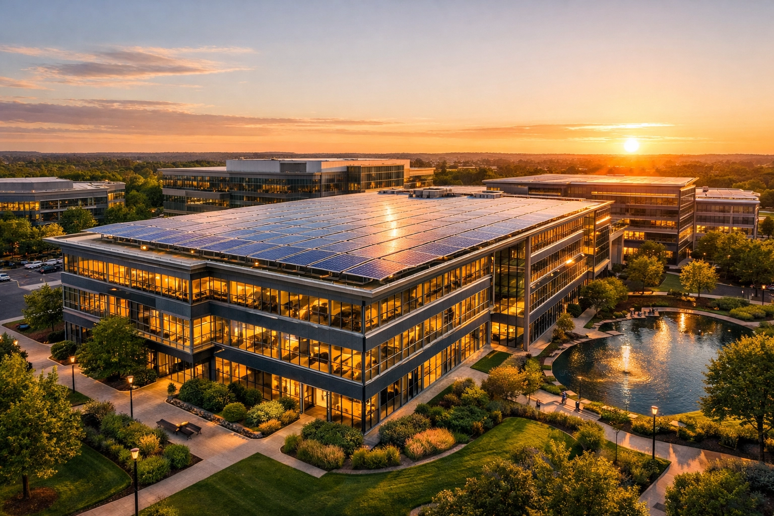 Large solar panel installation on a contemporary office building, representing smart commercial renewable energy.