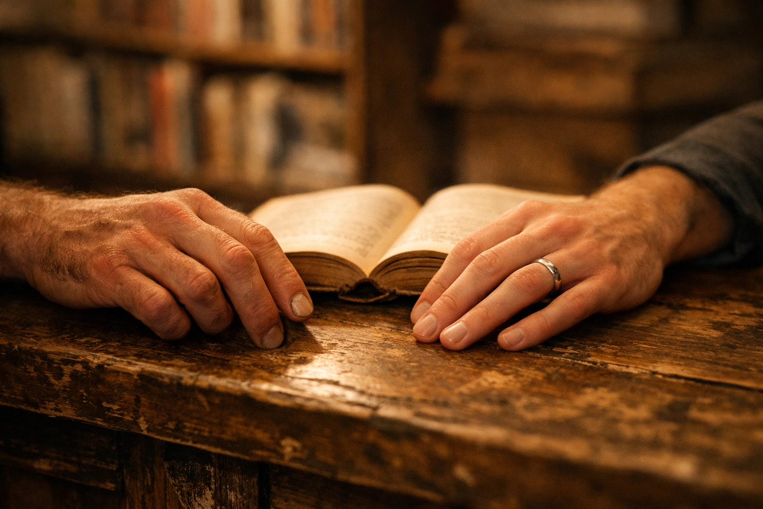 Close-up of two men's hands on a wooden counter near an open book, showing the slow burn of queer fiction.