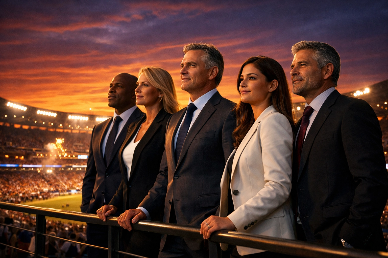 An executive team viewing the stadium at dusk, symbolizing success at the Super Bowl networking blitz.