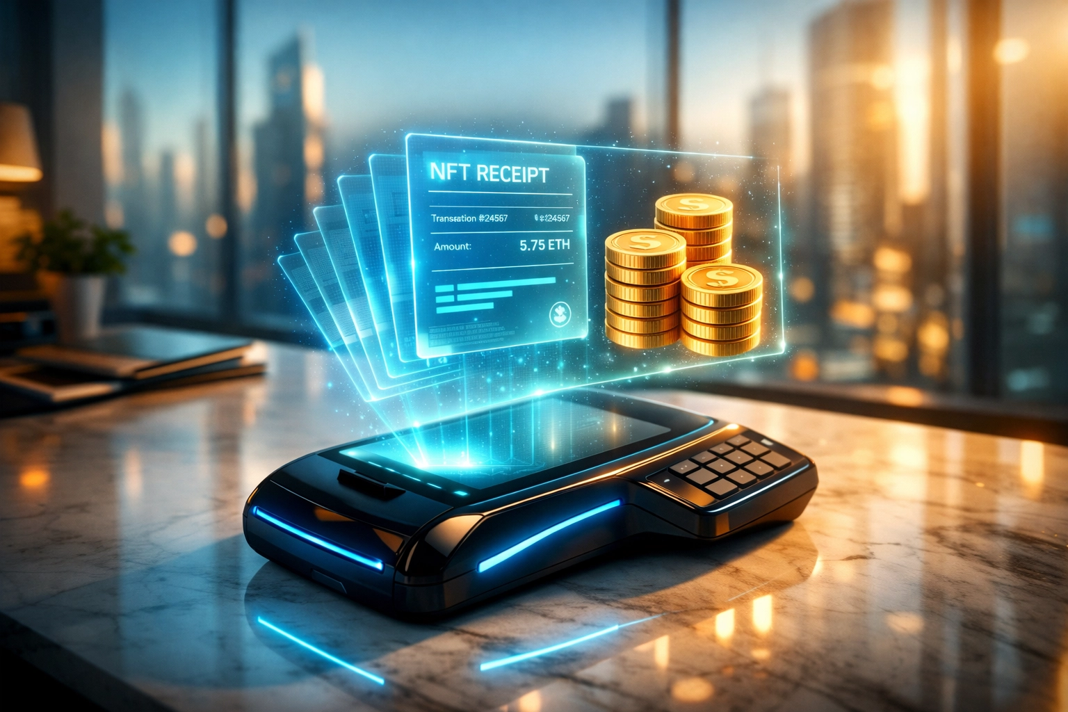 Digital payment terminal illustrating Web3 global payments with holographic NFT receipts and stablecoin tokens.