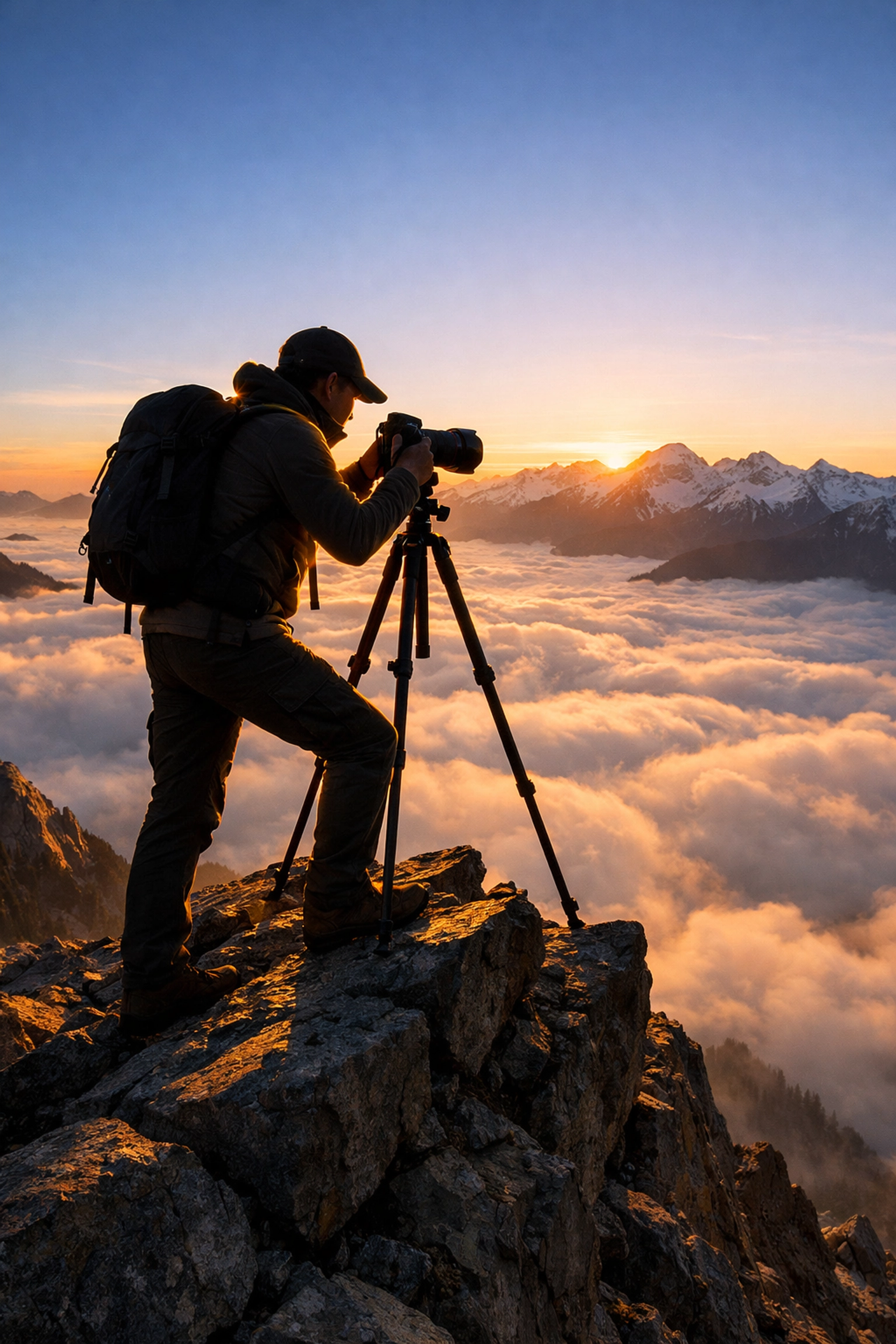 Photographer on a mountain summit using a tripod to capture a sunrise for elite photography tutorials.