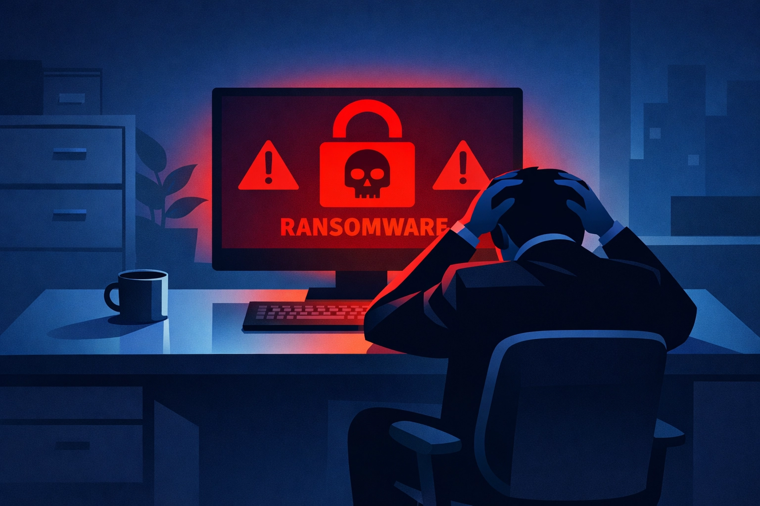 Business owner facing ransomware attack on computer screen with lock icon