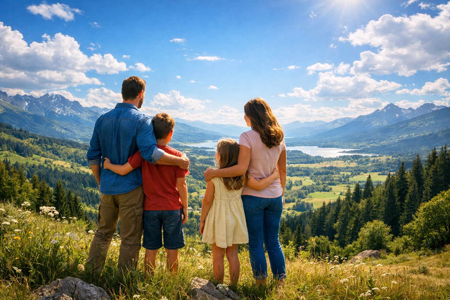 A happy family standing together outdoors, marveling at the majesty of God’s creation.