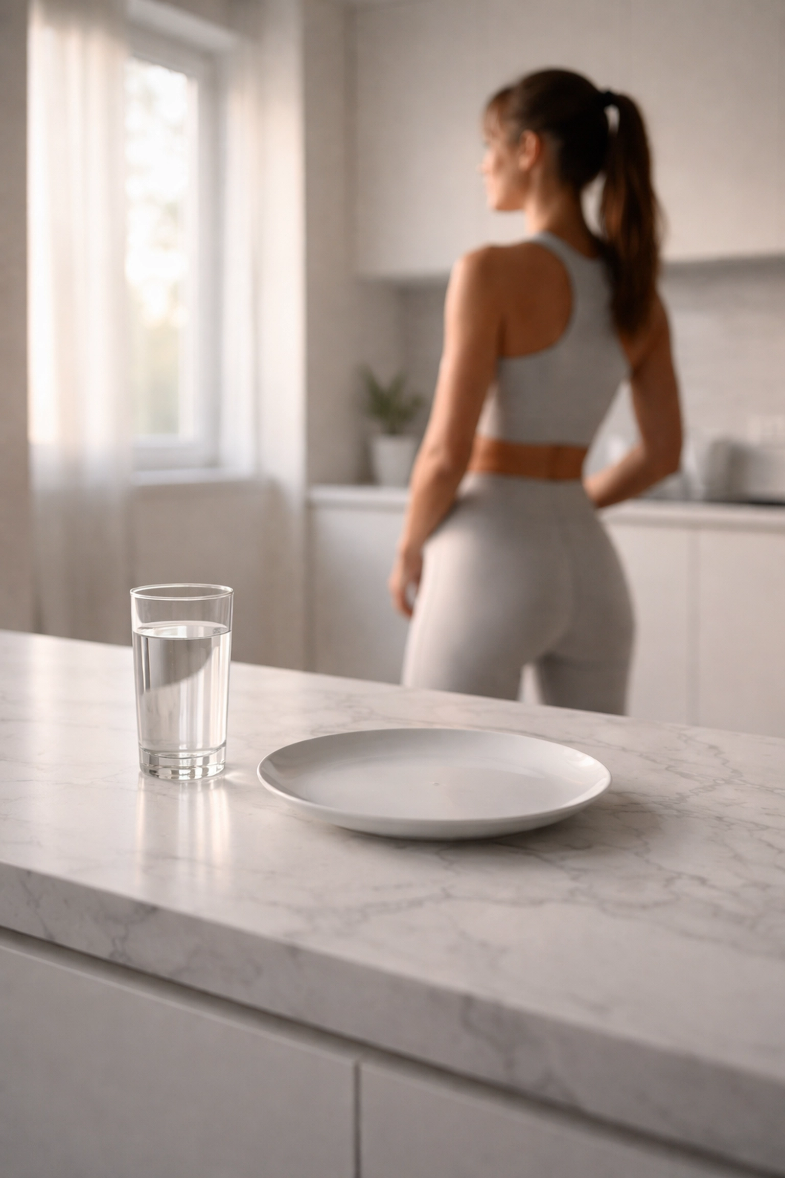 Person in sportswear standing in a kitchen at dawn showing typical training fasted morning routine