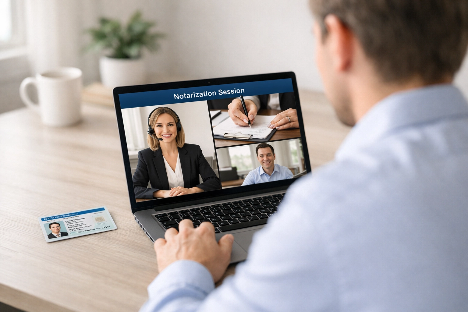 Person completing remote online notarization in Texas via secure video call with ID ready