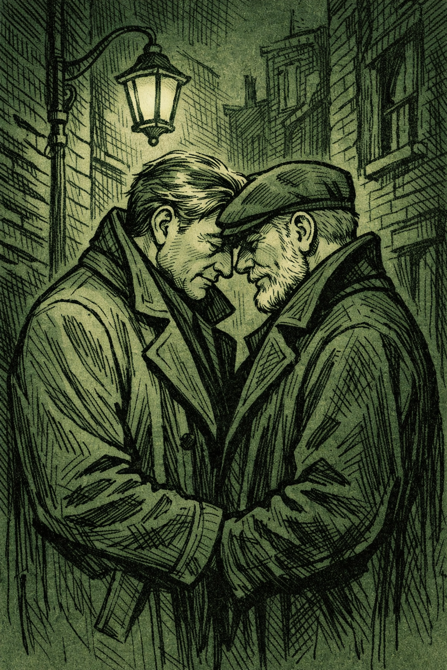 Two men in vintage coats sharing an intimate moment, representing themes in gay historical romance novels.