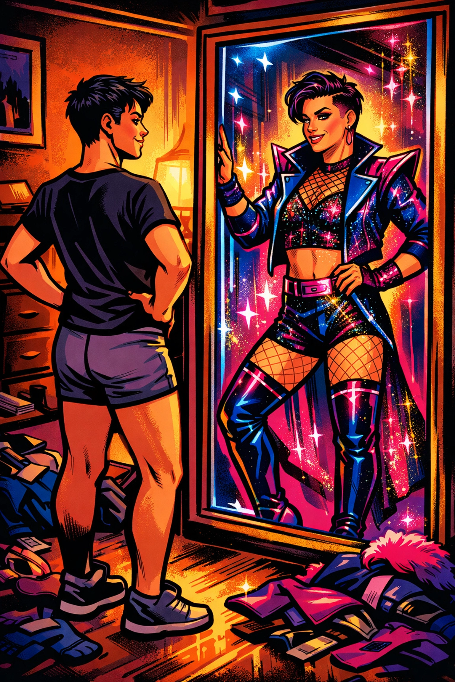 Queer person trying on glittery neon party outfit, celebrating self-expression and transformation
