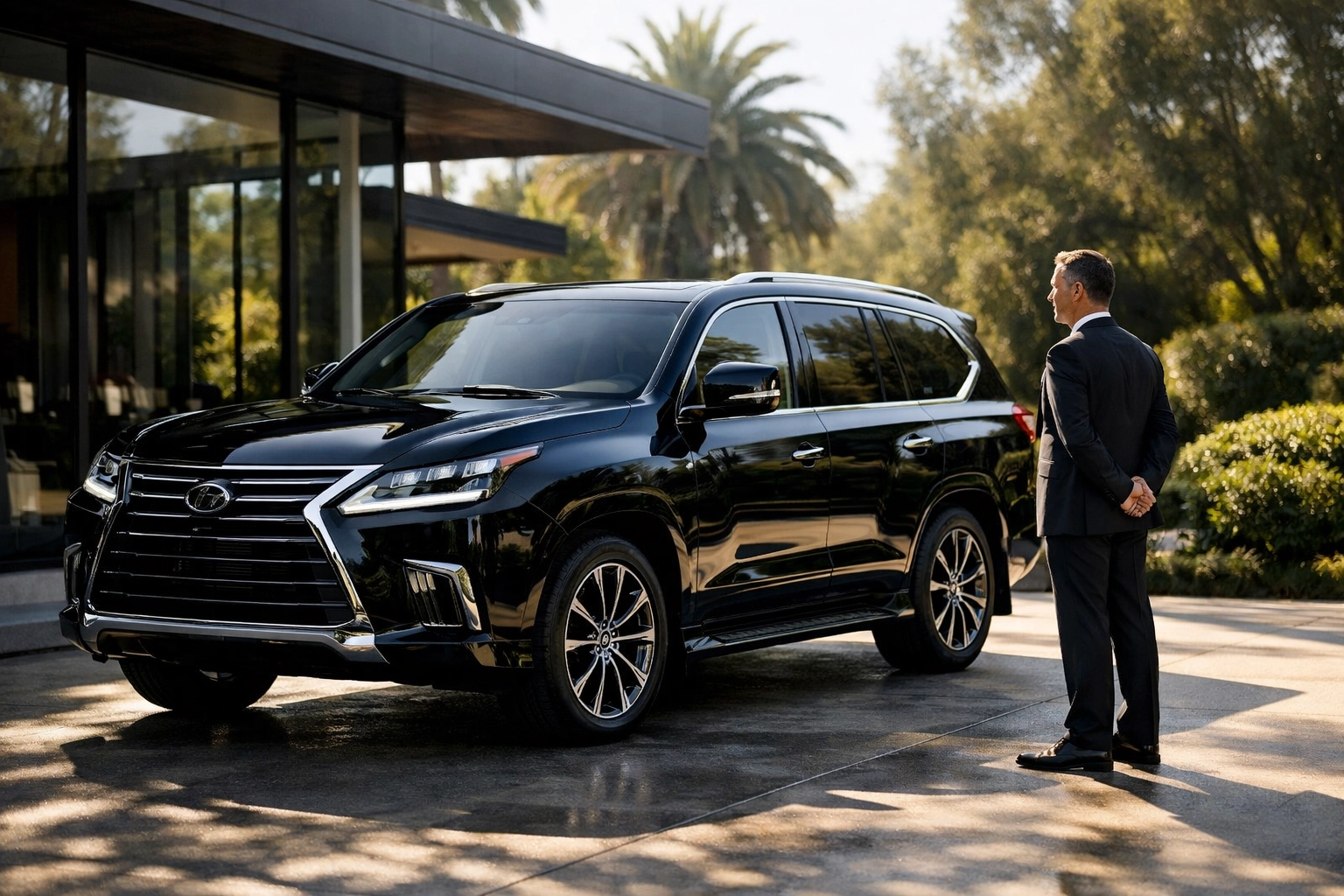 Executive car service Orange SUV and chauffeur ready for a professional commute from Orange to LAX.
