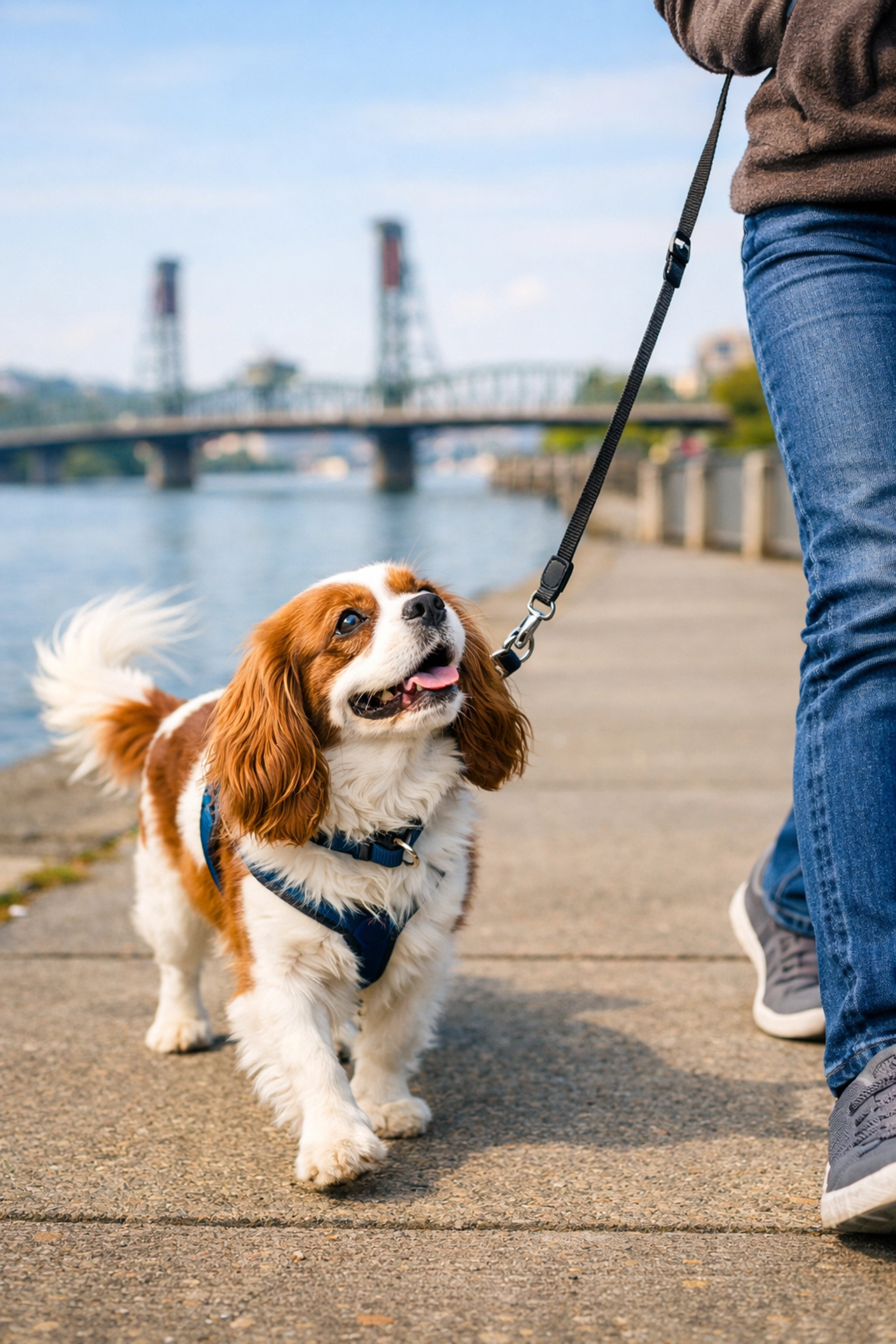 Socialized Cavalier King Charles Spaniel exploring the Portland waterfront in the PNW.