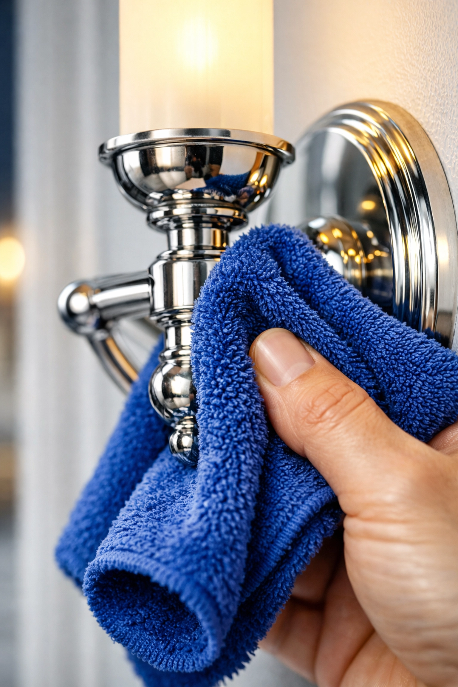 Detail-oriented polishing of a nickel wall sconce, a signature of Luxury House Cleaning Weston MA.