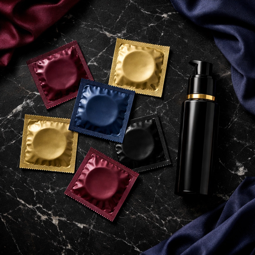 Safe sex essentials including condoms and lubricant arranged on dark surface