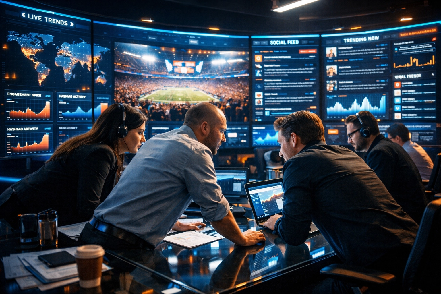 Marketing team monitoring real-time fan sentiment data in a high-tech war room to maximize Super Bowl ROI.