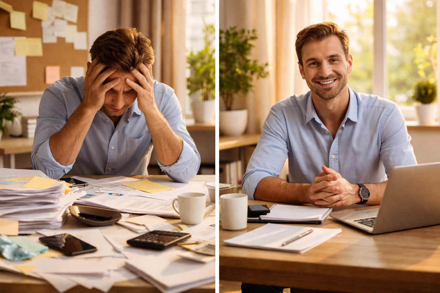 Split-screen showing a stressed and then confident business owner, highlighting transformation through customer-centric messaging.