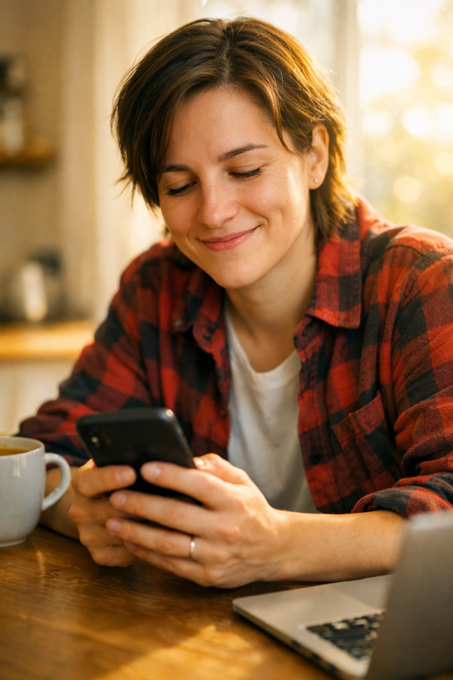 Relieved young adult checking their phone for a no credit check loan canada approval at home.