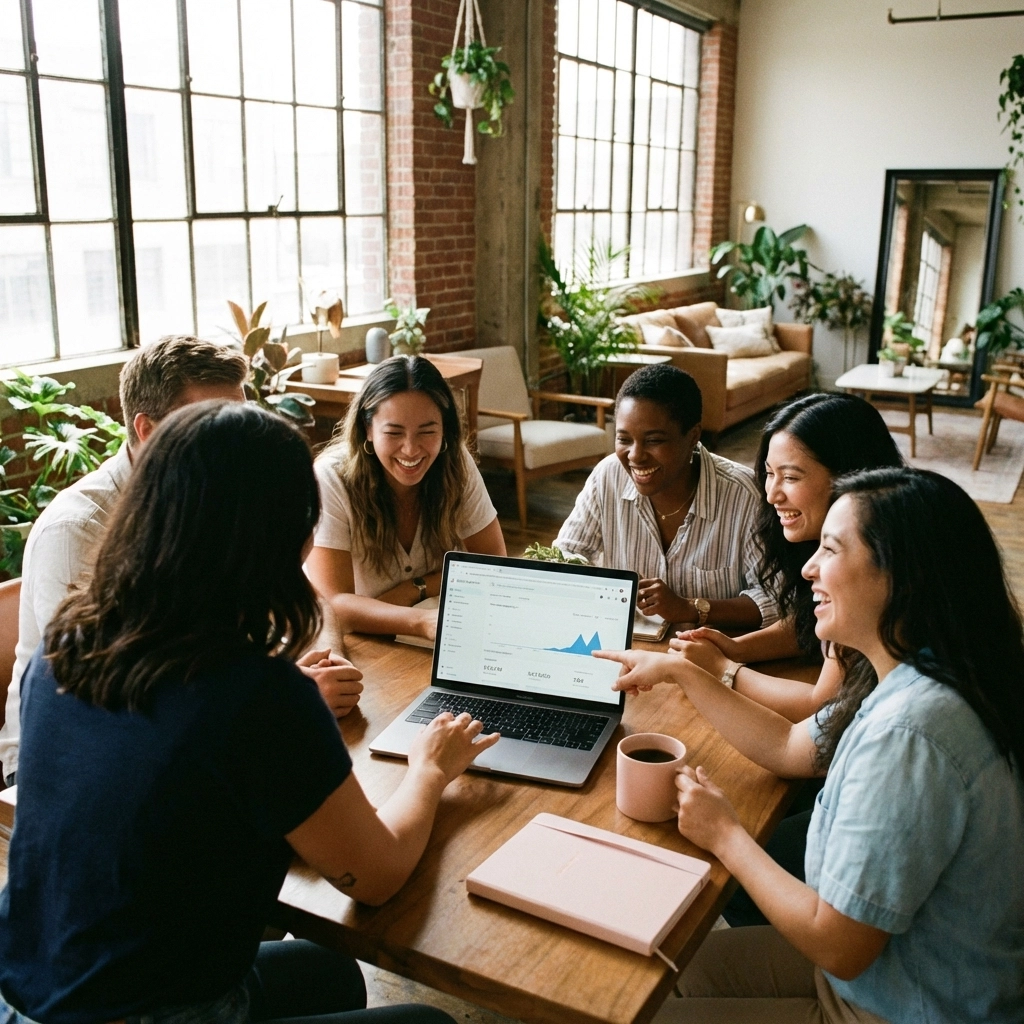 Small business owners collaborating around a laptop and reviewing social media analytics for lead generation
