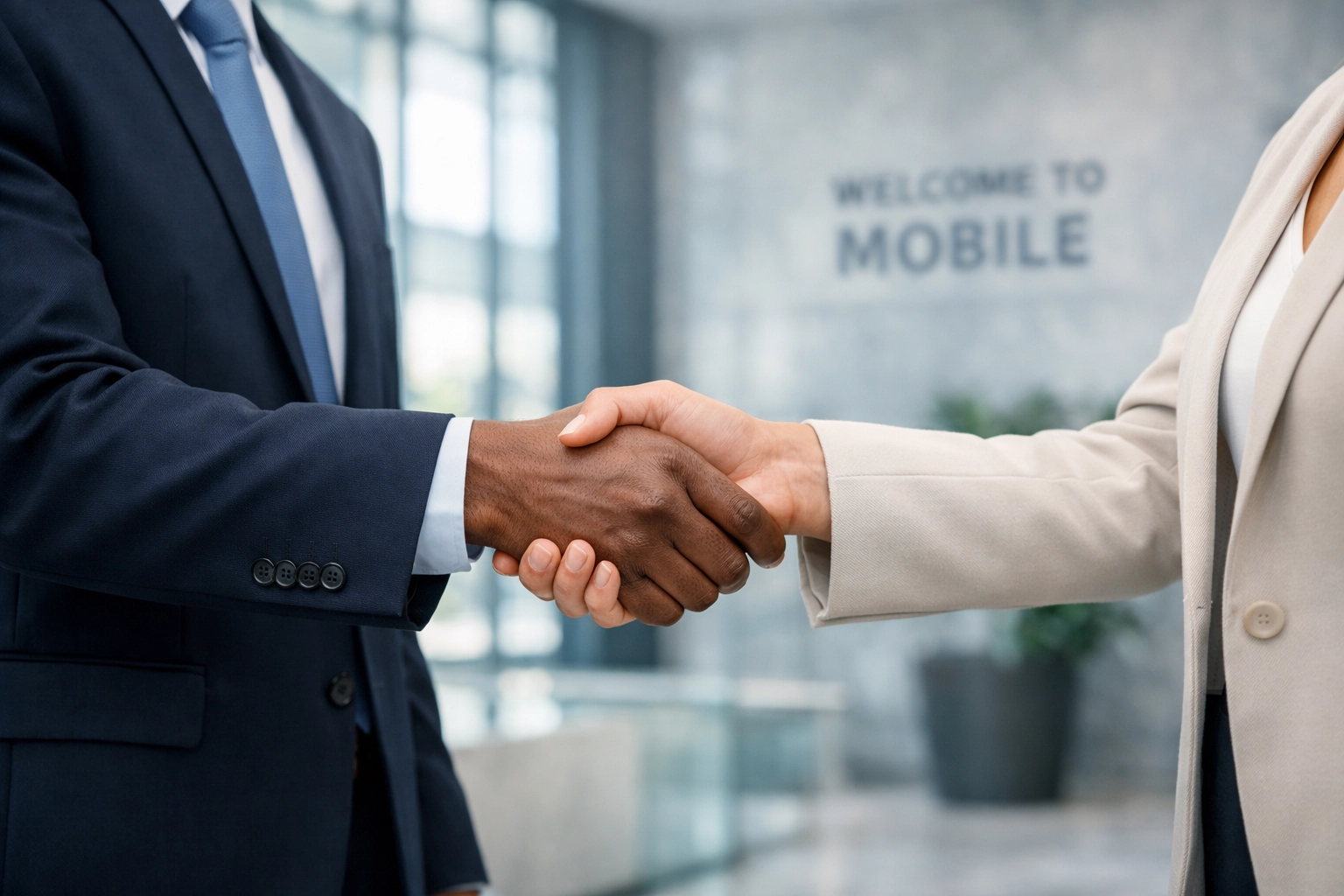 Professional handshake in a Mobile office symbolizing the successful sale of a property management company.